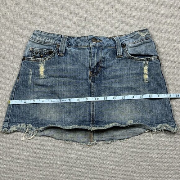 Hint Jeans Womens Blue Denim Skirt Distressed Studded Pockets Medium Wash Size 5 - Picture 9 of 12